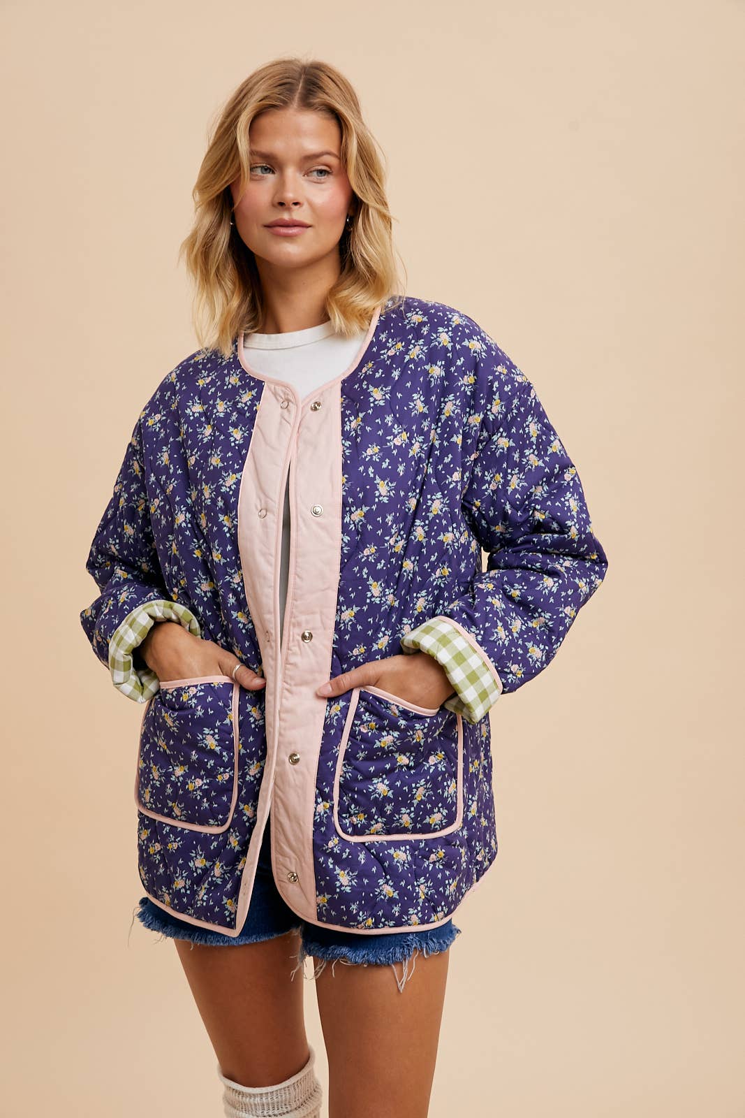 Dark Botanic Floral to Gingham Quilted Jacket