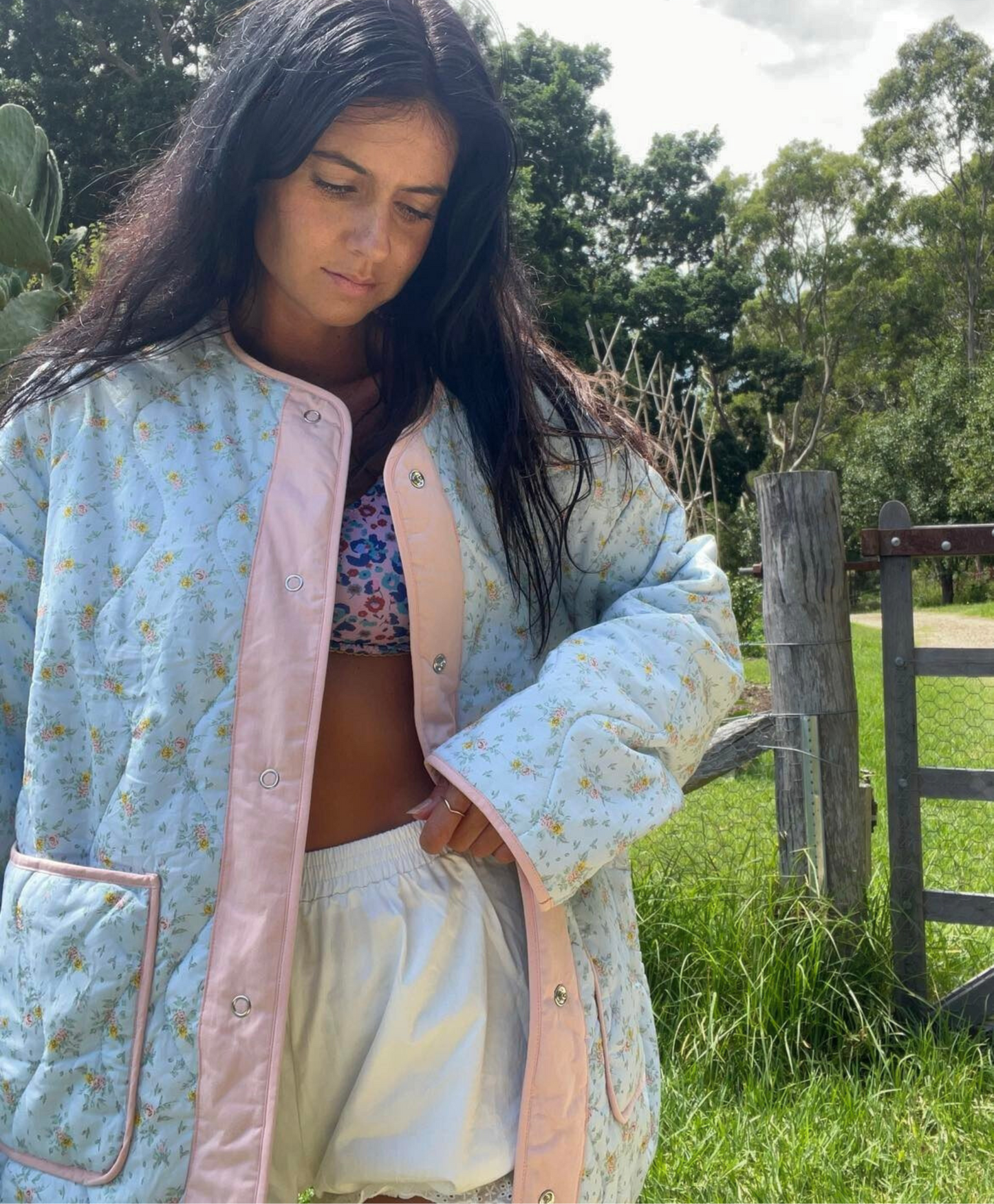 Light Botanic Floral to Gingham Quilted Jacket