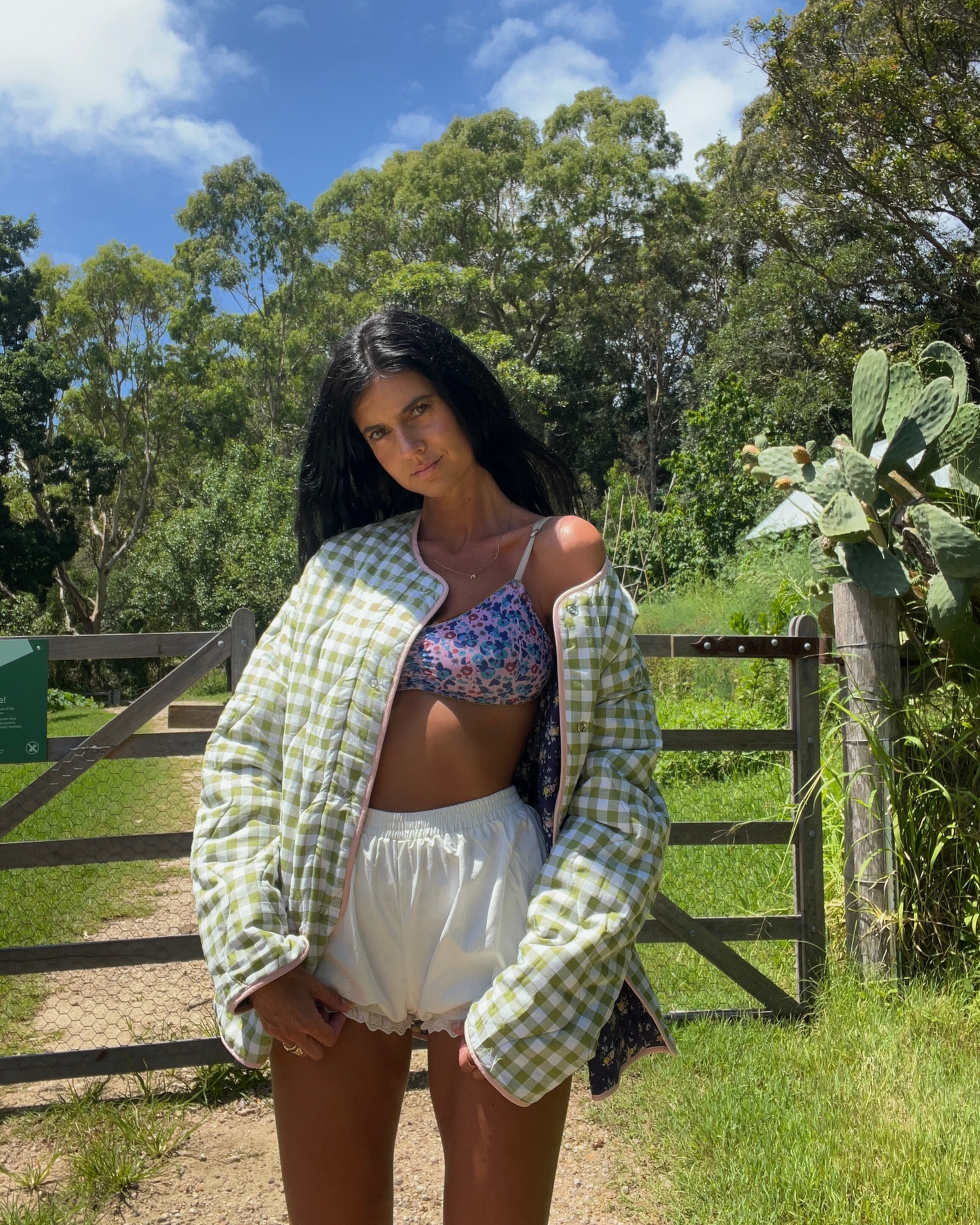 Dark Botanic Floral to Gingham Quilted Jacket