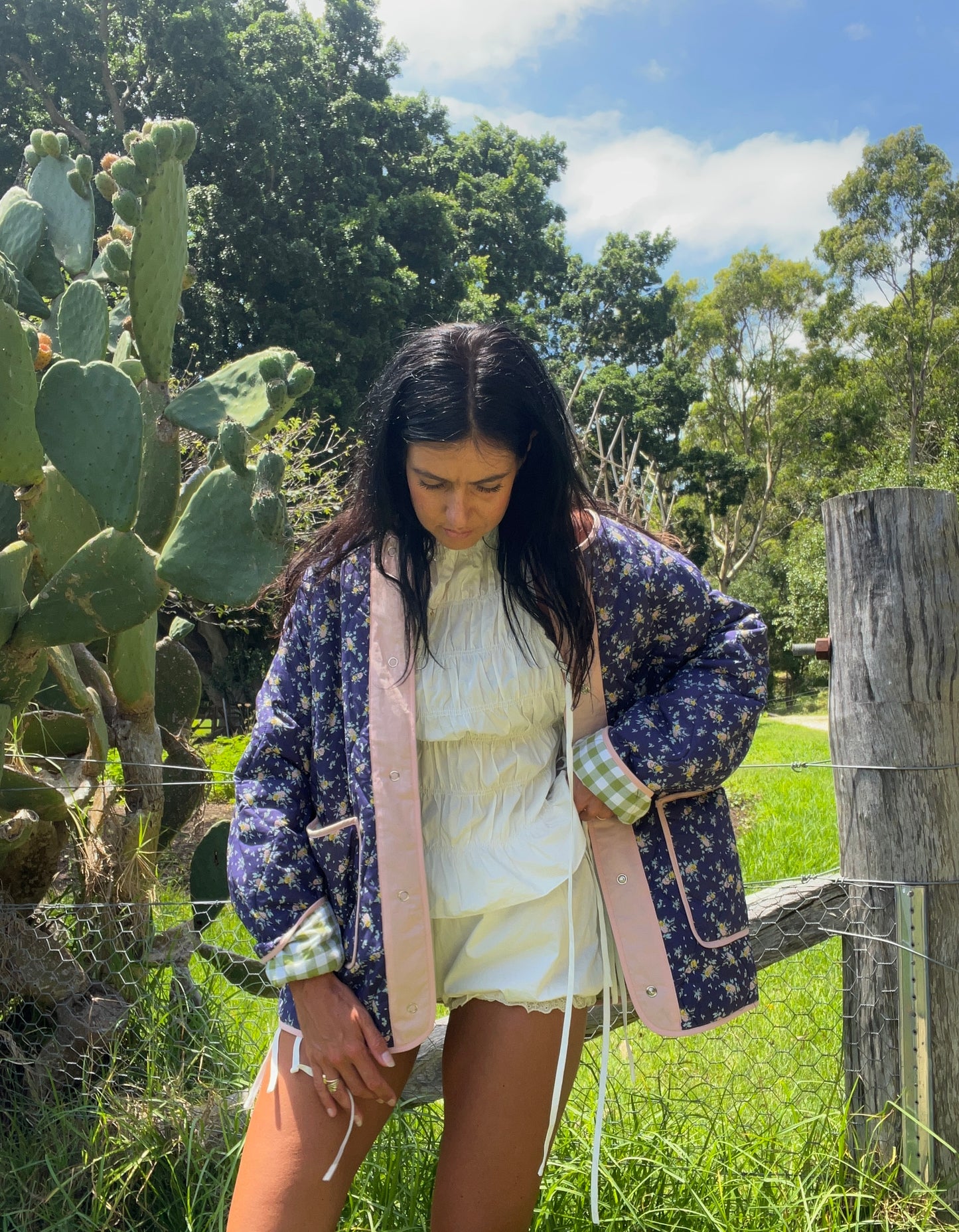 Dark Botanic Floral to Gingham Quilted Jacket