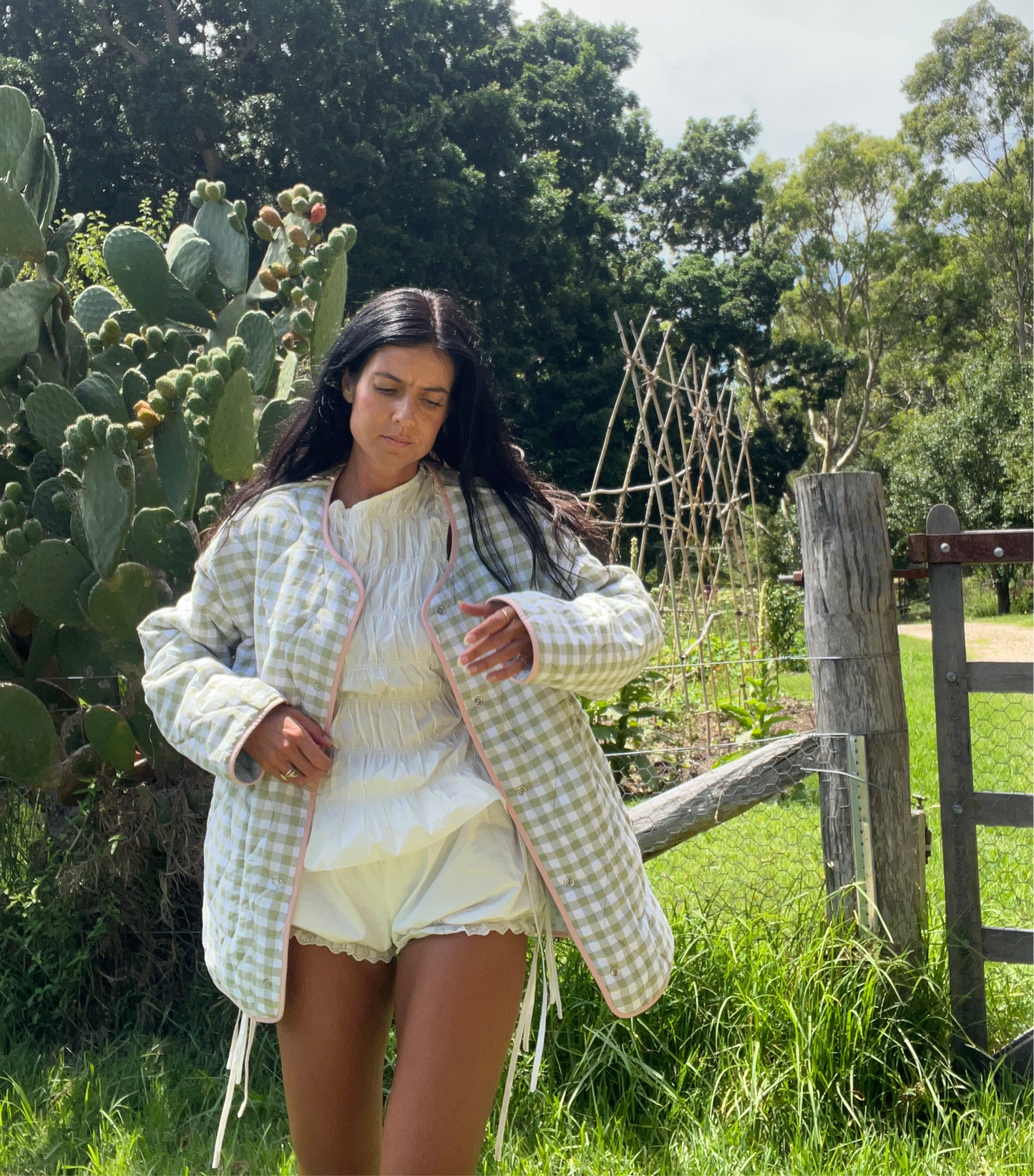 Light Botanic Floral to Gingham Quilted Jacket