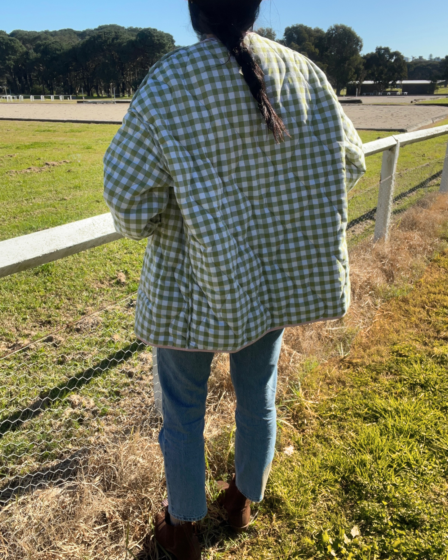 Dark Botanic Floral to Gingham Quilted Jacket