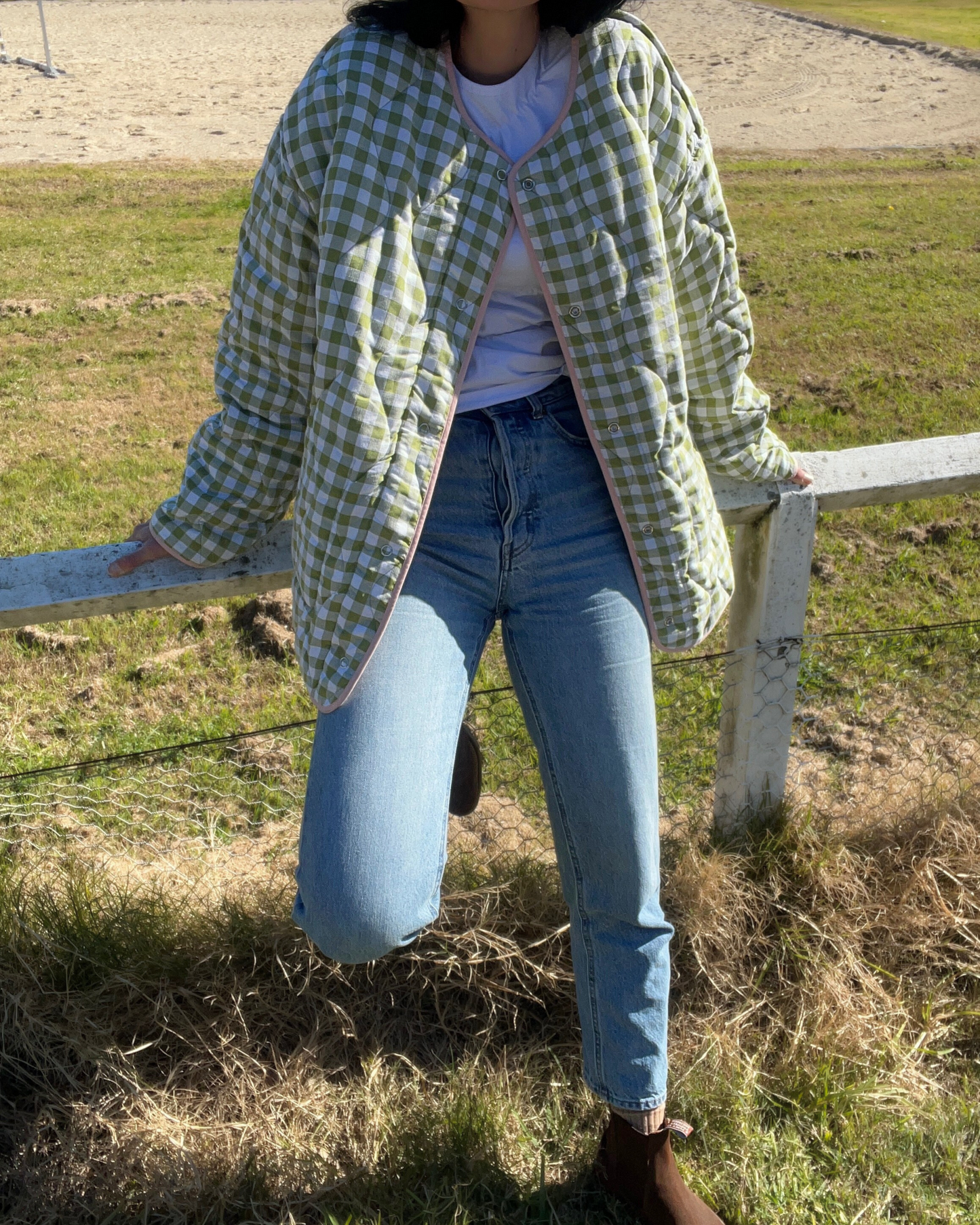 Dark Botanic Floral to Gingham Quilted Jacket
