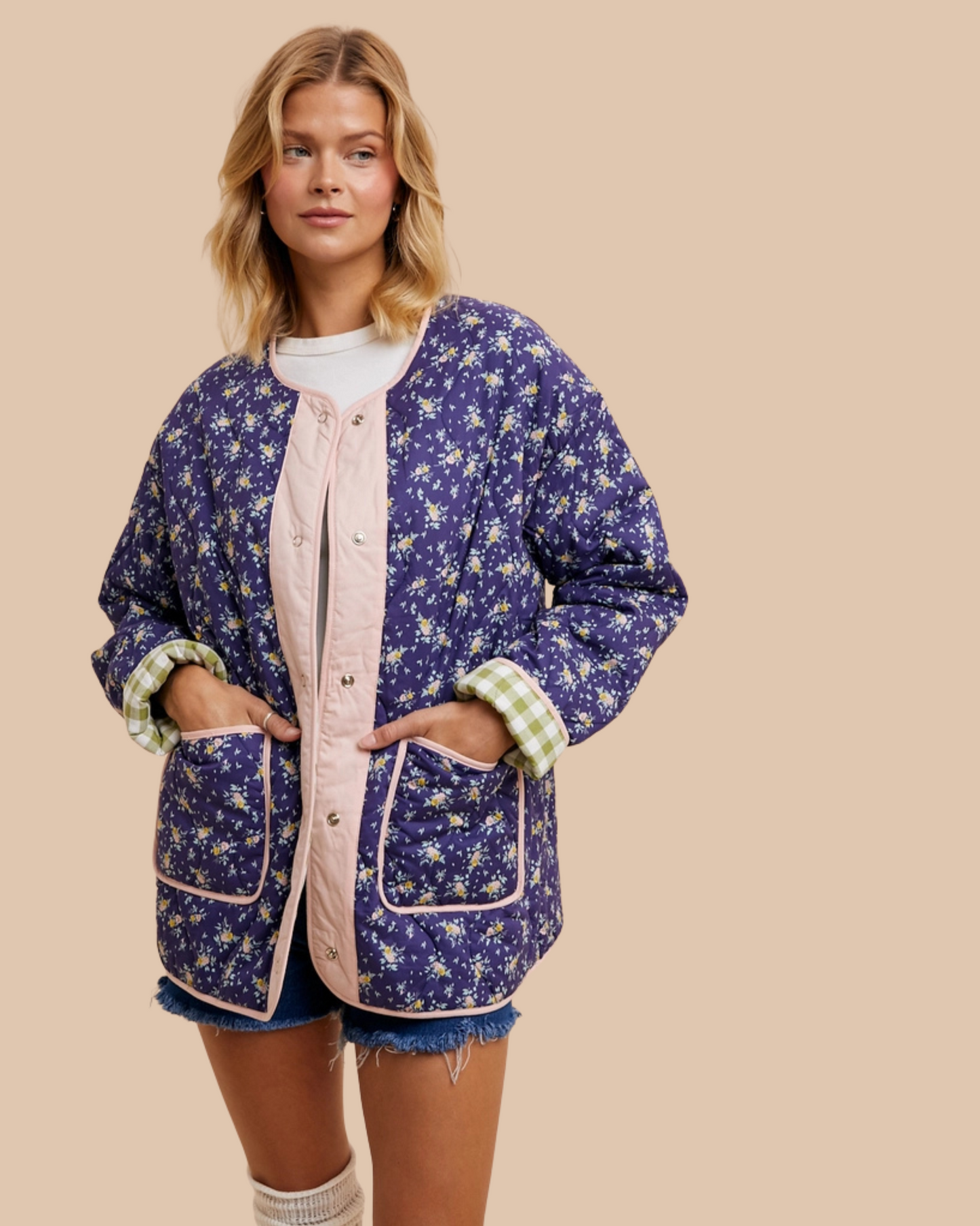 Dark Botanic Floral to Gingham Quilted Jacket