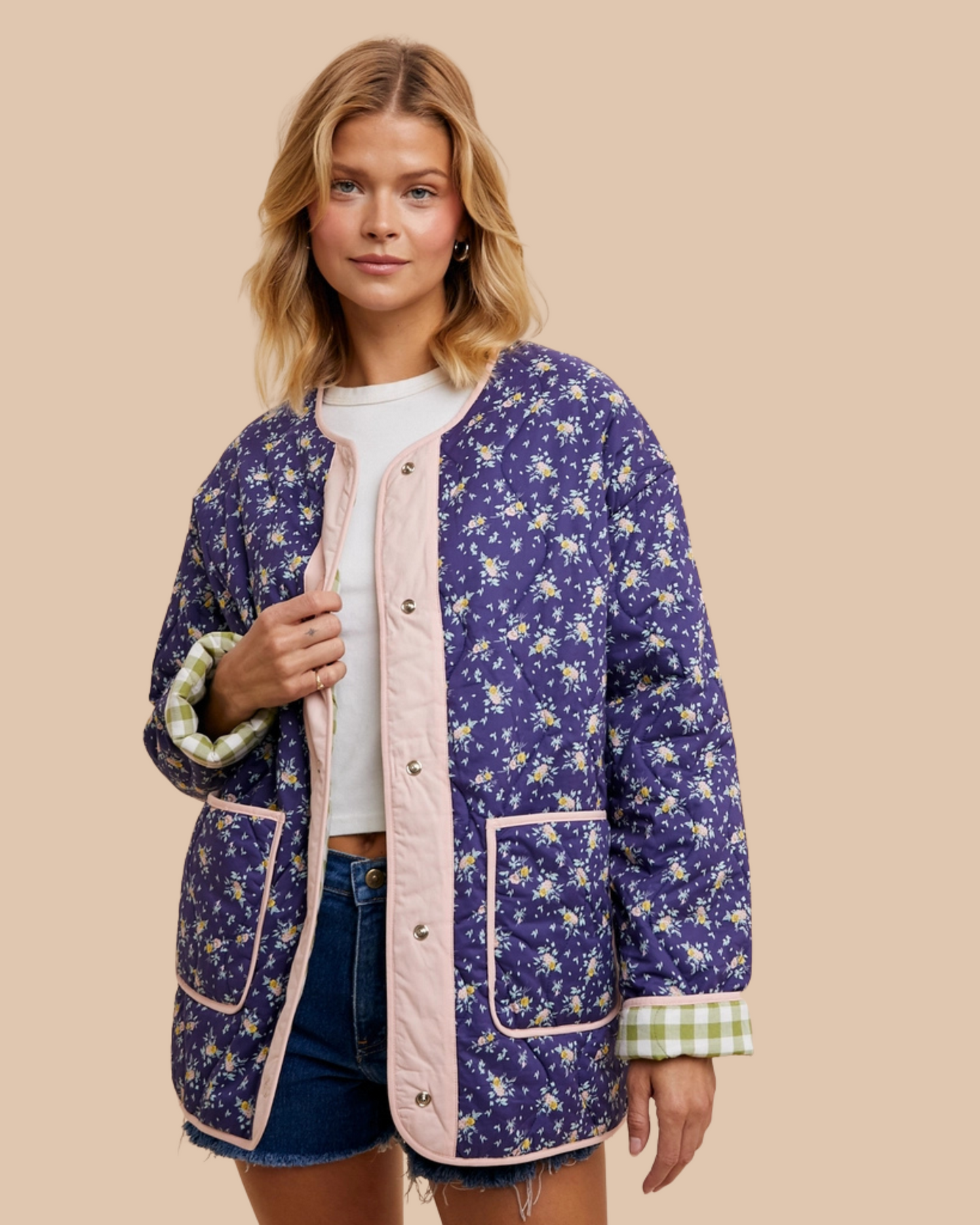 Dark Botanic Floral to Gingham Quilted Jacket