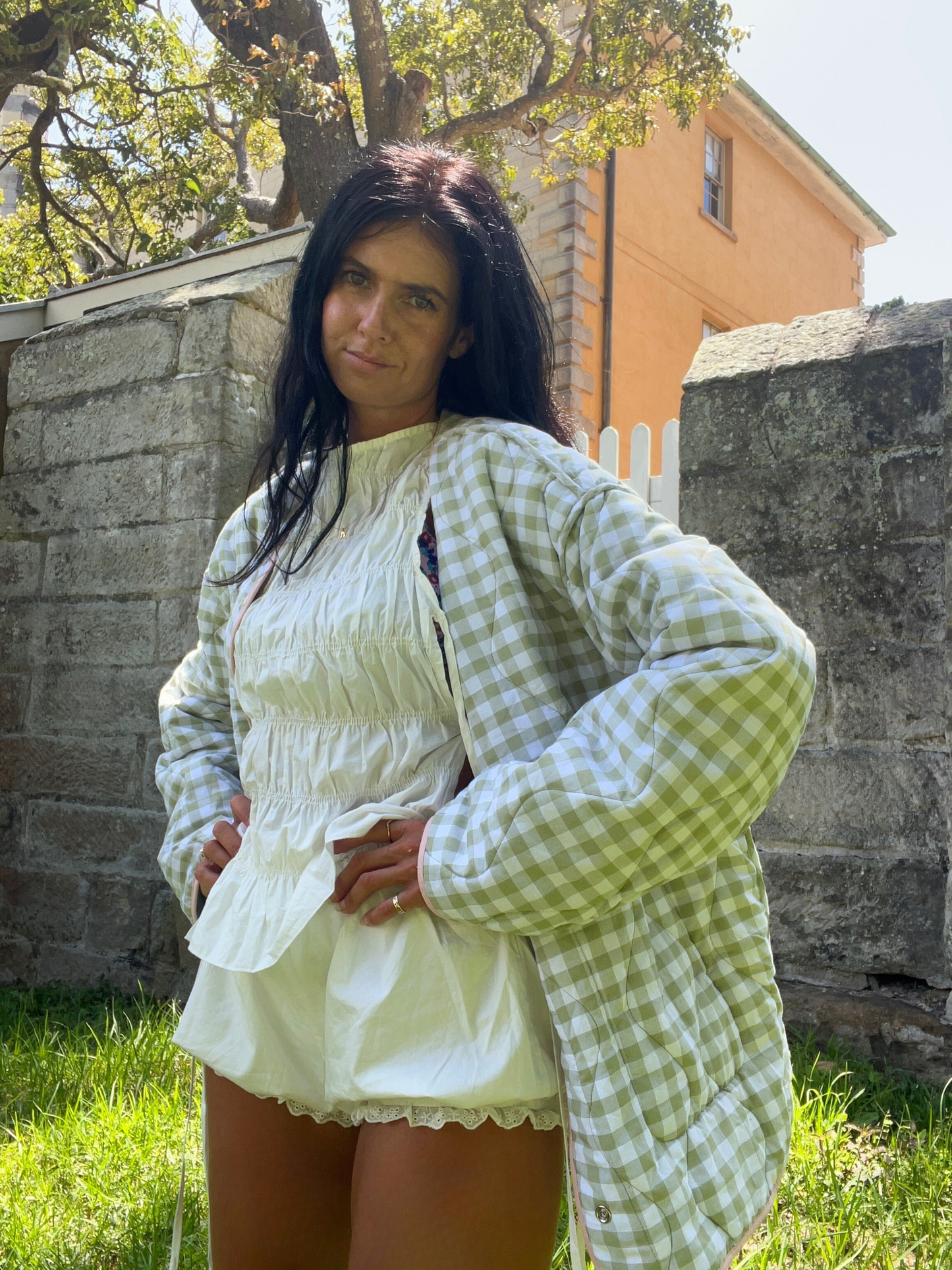 Dark Botanic Floral to Gingham Quilted Jacket