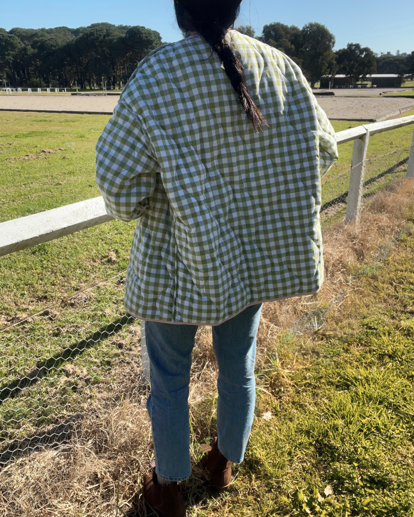 Dark Botanic Floral to Gingham Quilted Jacket